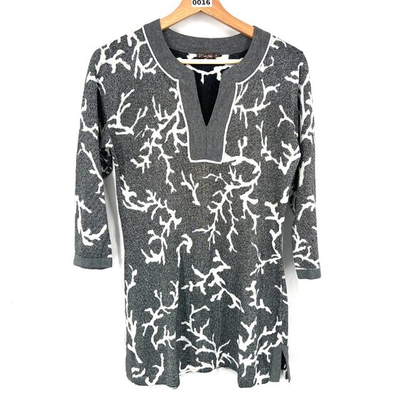 J. McLaughlin metallic tunic sweater Scandinavian twig design stretch silver S - Picture 2 of 8